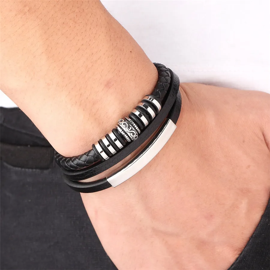 TYO Men's Gothic Punk Style Genuine Leather & Stainless Steel Bracelet