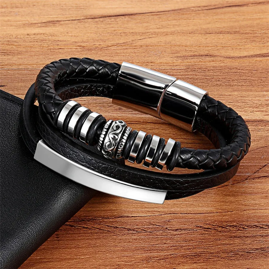 TYO Men's Gothic Punk Style Genuine Leather & Stainless Steel Bracelet