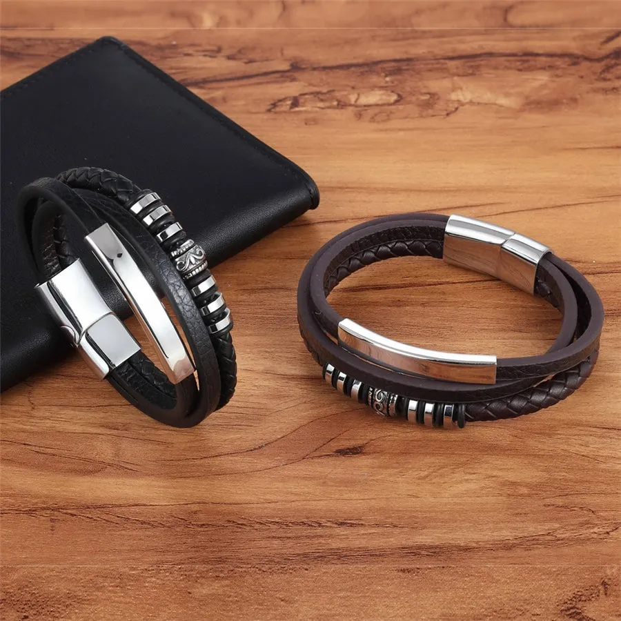 TYO Men's Gothic Punk Style Genuine Leather & Stainless Steel Bracelet