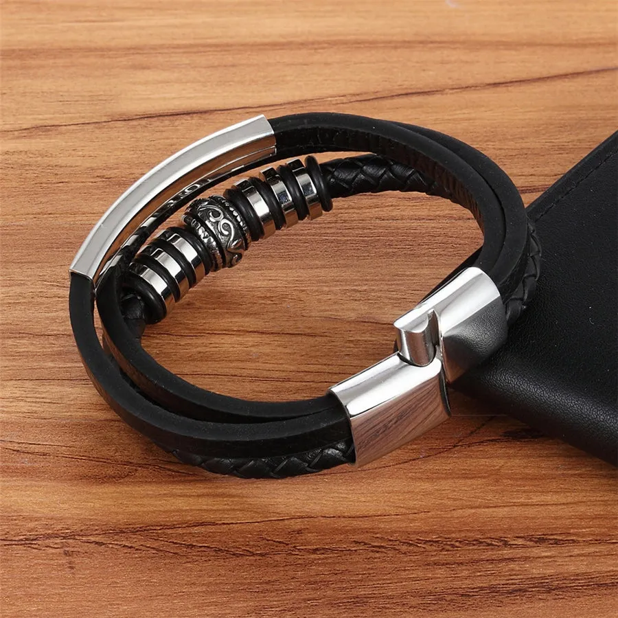 TYO Men's Gothic Punk Style Genuine Leather & Stainless Steel Bracelet