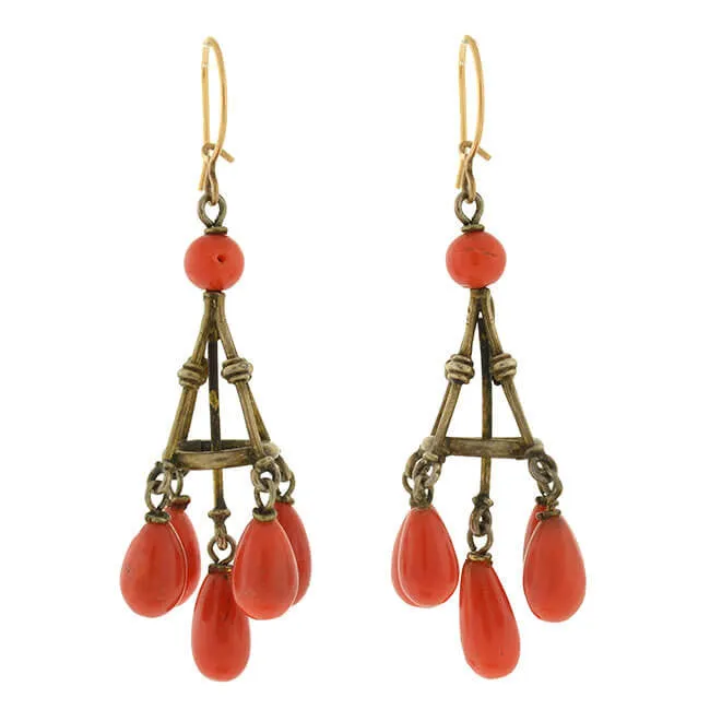 Victorian 14kt Natural Coral Chandelier Earrings