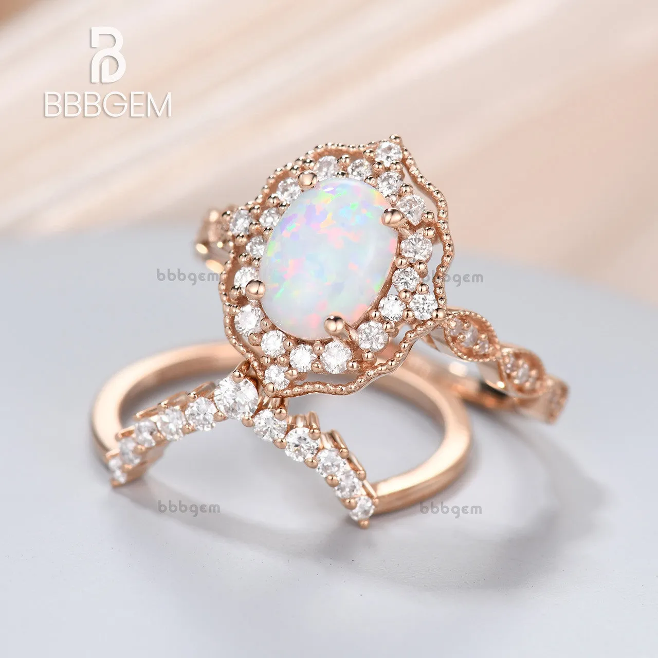 Vintage Opal Ring Set 14k Rose Glod Engagement Wedding Ring Stacking Half Eternity Diamond Matching Band Women Jewelry