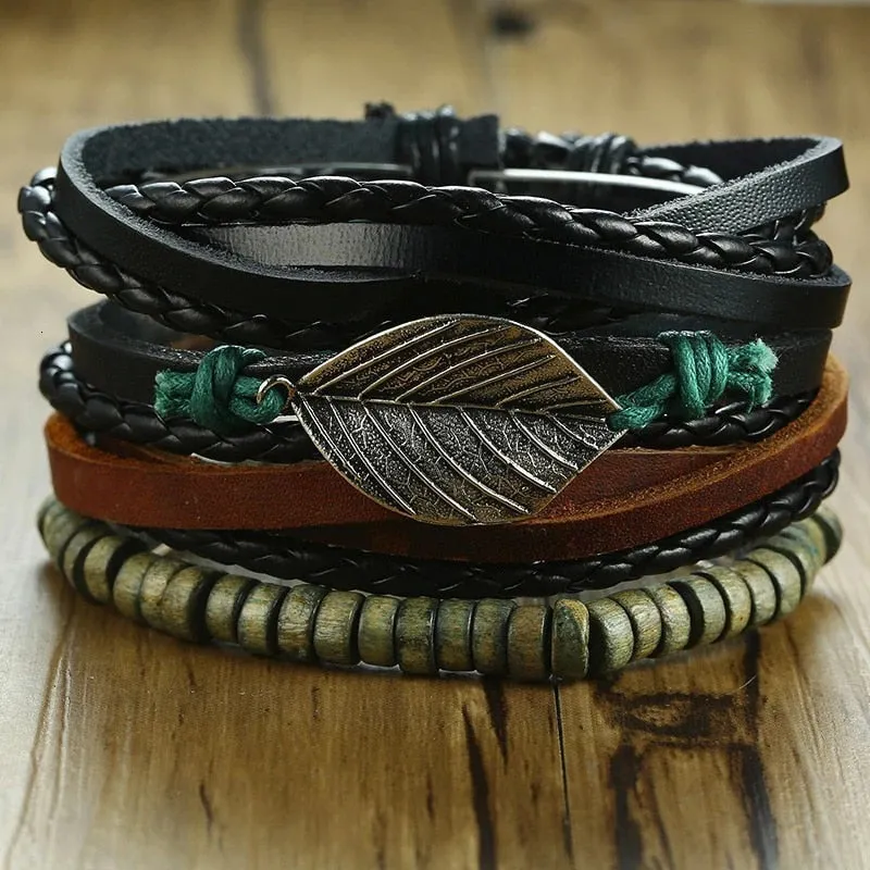 Vnox 4Pcs/ Set Braided Wrap Leather Bracelets for Men Vintage Life Tree Rudder Charm Wood Beads Ethnic Tribal Wristbands