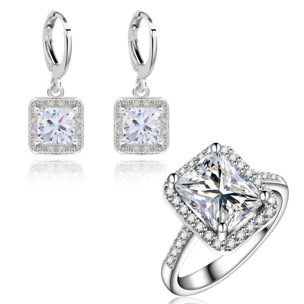 Wedding Jewelry Sets for women Square Design Earrings zircons Engagement Rings White Gold Plated earring