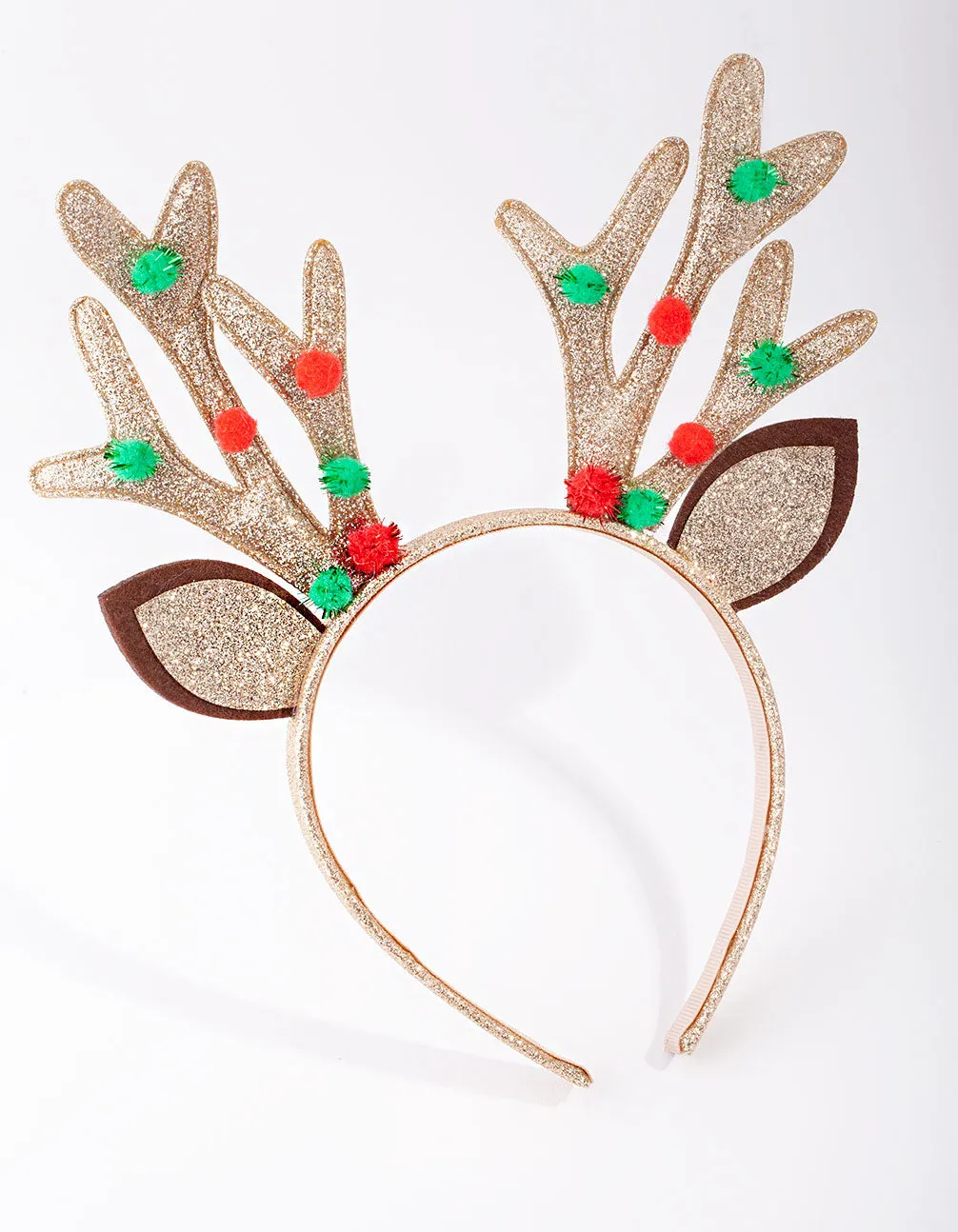 Xmas Fabric Green & Red Pompom Reindeer Headband